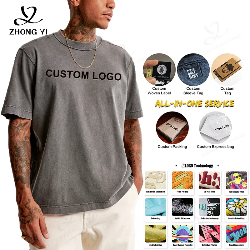 Camiseta de algodón OEM, camiseta de gran tamaño de peso pesado, camiseta personalizada con estampado de espuma 3D para hombre, camiseta con logotipo para hombre
