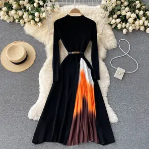 winter black knit with orange pattern maxi dress