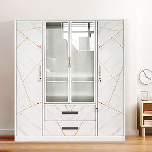 Armario Metálico de 4 Puertas y 2 Cajones con Puerta con Espejo y Estampado para Muebles de Dormitorio Modernos - Product Image 1