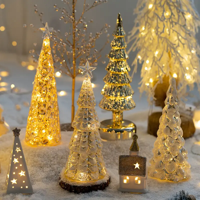 LED Christmas Luminous Glass Conical Ornaments Holiday Indoor Xmas Tree Suitable for Home Party Decoration Silver
