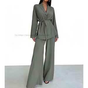 V-Neck Women's Blouse With Elegant Long Sleeves and <b>Tie</b> Detail, Paired With Stylish Wide-Leg Pants - 2-Piece <b>Set</b> Fashion - Product Image 3