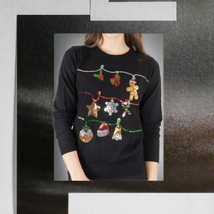 Pull de Noël noir à sequins pour femme, col rond, manches longues, tricoté, décorations de fêtes, vêtement d'hiver, sweat-shirt à col rond - Product Image 3