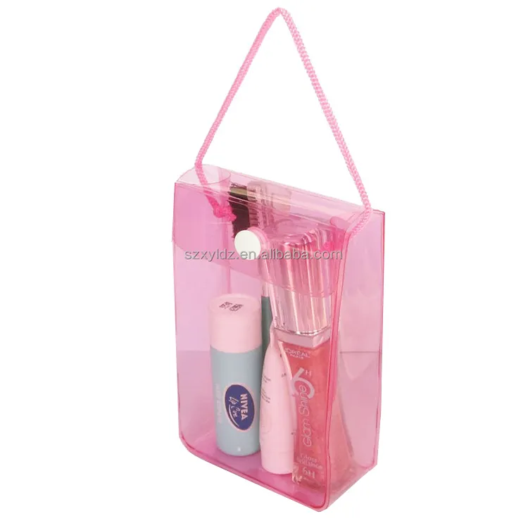 Custom Pink Waterproof Colorful Plastic Small PVC Bag Clear Cosmetic Bag with Buttons