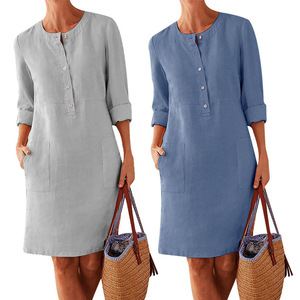 Cộng Với Kích Thước Bình Thường Rắn Màu Cotton Linen Phụ Nữ Dài Tay Áo Áo Dài Kaftan Ăn Mặc Giản Dị Nút Làm Việc OL Sundress Áo Rắn Ăn Mặc - Product Image 2