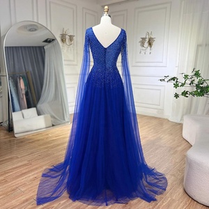 Robe de soirée élégante à manches cape et col en V bleu, style A-line, ornée de perles, Serene Hill LA72315, <span class=keywords><strong>robes</strong></span> de bal élégantes pour femmes - Product Image 2