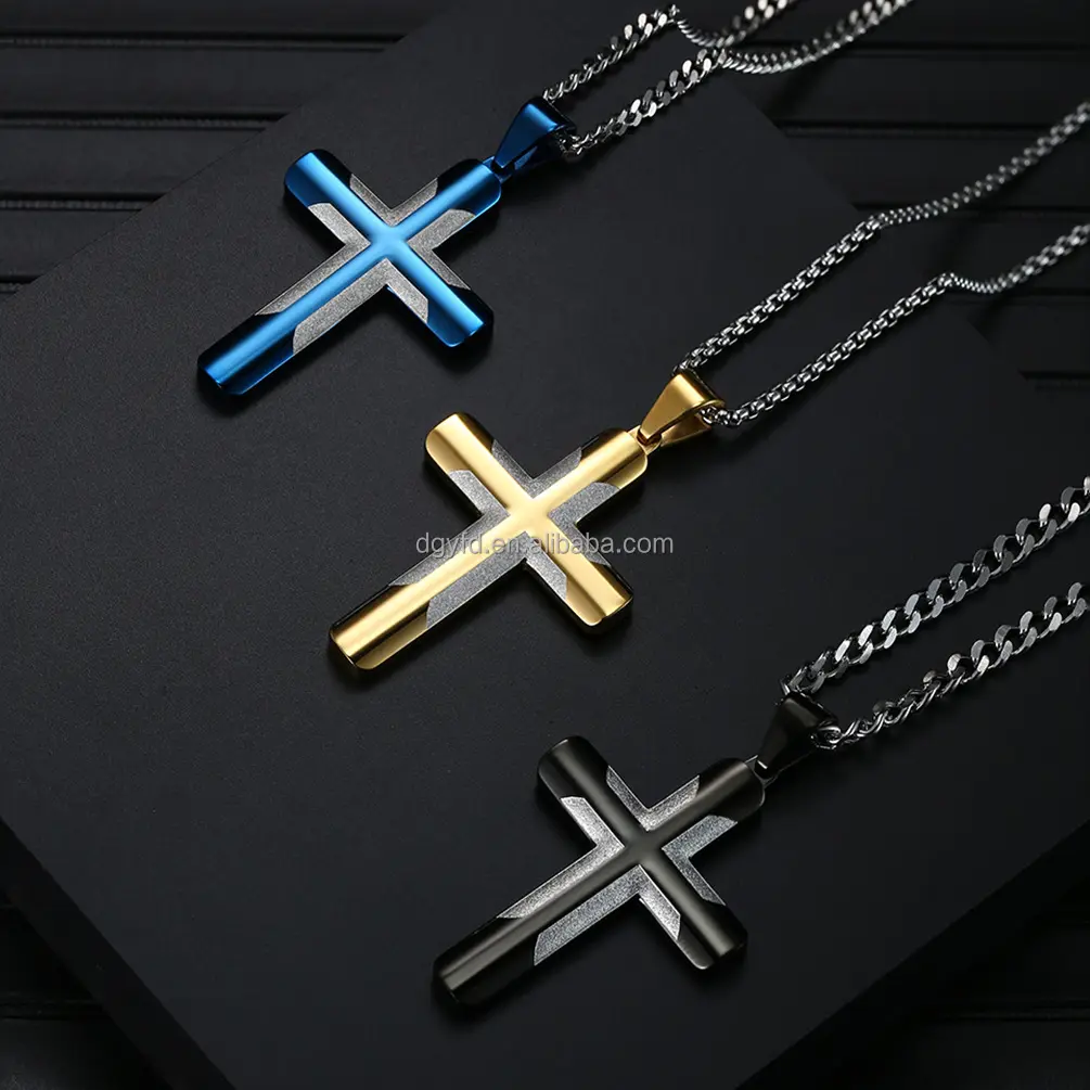 Men Modern Religion Jewelry 18K Gold Black Blue Frosted Stainless Steel Christian Cross Pendant Necklace