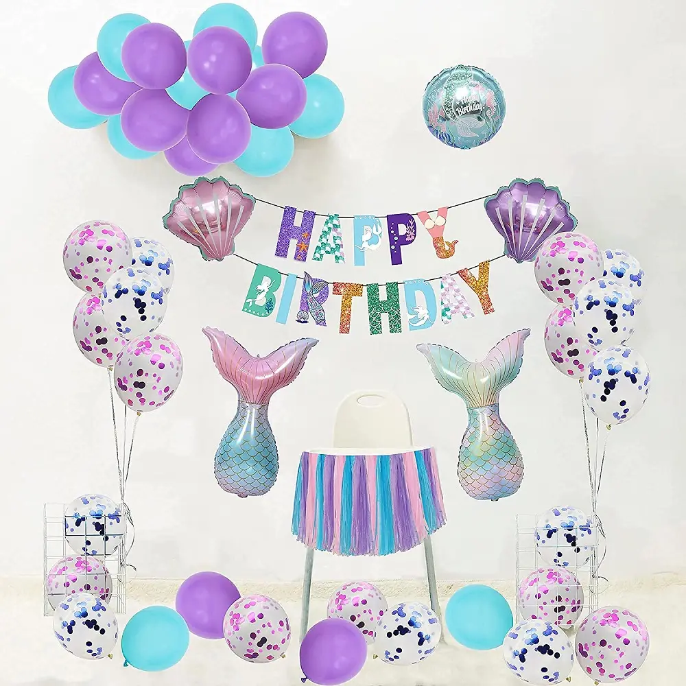 Paquete de 72 globos de Feliz Cumpleaños de sirena y magdalenas, globos de cola de sirena para decoración de fiesta de cumpleaños de niña