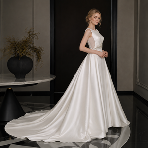 Vestido de Novia de Línea A con Cuello Barco, Cintura Radiante con Cuentas de Cristal, Satén Pesado, Tallas Grandes, Vestido Nupcial Personalizado, Venta al por Mayor de Fábrica - Product Image 2
