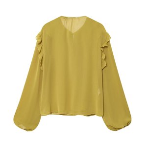 Camicetta da <span class=keywords><strong>donna</strong></span> in chiffon giallo <span class=keywords><strong>senape</strong></span> con collo allacciato, bordo arricciato, maniche lunghe a lanterna, elegante e casual - Product Image 2