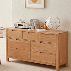 Meuble TV en chêne massif pour chambre et salon avec six tiroirs, entièrement meublé, ensemble de rangement simple - Product Image 1