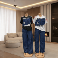 Ensemble de vêtements pour femmes Hip-Hop Streetwear 2 pièces, t-shirt graphique, bandeau en denim, pantalon cargo en denim brodé d'étoiles