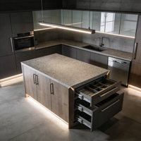 Meubles de cuisine de style ferme moderne avec îlot gris foncé et finitions dorées