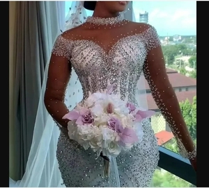 Vestido de Novia de Lujo con Cuentas de Cristal Brillantes, Estilo Sirena, Nuevo, Sexy, Cuello Alto, Manga Larga, Vestido de Baile Personalizado - Product Image 3