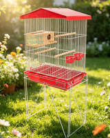 Cage à oiseaux en fil métallique rouge avec nichoir en bois, support métallique, mangeoires, plateau inférieur amovible facile à nettoyer