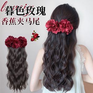 Perruque queue de cheval avec pince banane florale en forme de rose, cheveux longs ondulés pour femmes, en fibre haute température, entièrement tissée à la main - Product Image 2