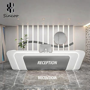 Comptoir de réception de luxe en bois massif blanc moderne avec éclairage LED de forme artistique unique, prix d'usine, pour salon de beauté, spa, hôtel, immeuble de bureaux - Product Image 3