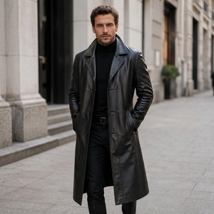 <b>Men</b> Genuine Leather Long <b>Trench</b> <b>Coat</b> Notched Lapel Single Breasted Overcoat With Pockets Regular Fit - Product Image 1