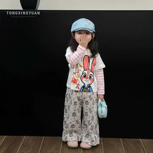 Girls Bunny T-Shirt And Sweatpants Set Cotton Cartoon Print Spring Autumn Outfit Two Piece Clothes For Kids - Product Image 1