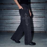 Jean baggy noir en denim pour homme, coupe large, avec croix en strass, style Hip Hop Y2K, esthétique sombre, ample, vintage, streetwear, vente en gros