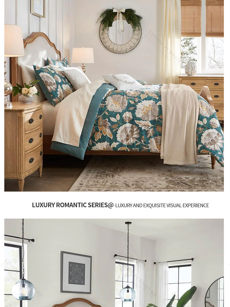 high quality american solid wood frame cotton linen double bed vintage bedroom large solid wood bed
