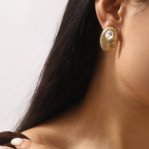 New Jewelry Style Retro Explosive Earrings Stainless Steel Plated 14K <strong>Gold</strong> Oval <strong>Bird</strong> <strong>Nest</strong> Fingerprint Oval Design Stud Earrings - Product Image 2