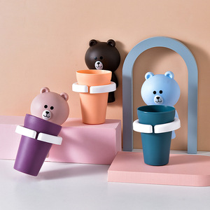Y Bear Toothbrush Holder Set <b>Plastic</b> Cartoon <b>Animal</b> Design For Kids 2-4 Years Wall Mounted Mouthwash Cup With Bear Shape - Product Image 2