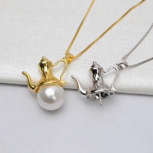 S925 Silver Pendant <b>Large</b> <b>Teapot</b> Female Pearl Pendant DIY Jewelry Empty Tray New 852 Semi-finished Accessories - Product Image 1