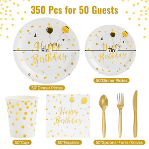 Juego de Vajilla Desechable de 350 Piezas con Lámina Dorada, Ecológico, Apto para Microondas, para 50 Personas, Platos, Vasos y Servilletas de PET para Fiestas de Cumpleaños - Product Image 2