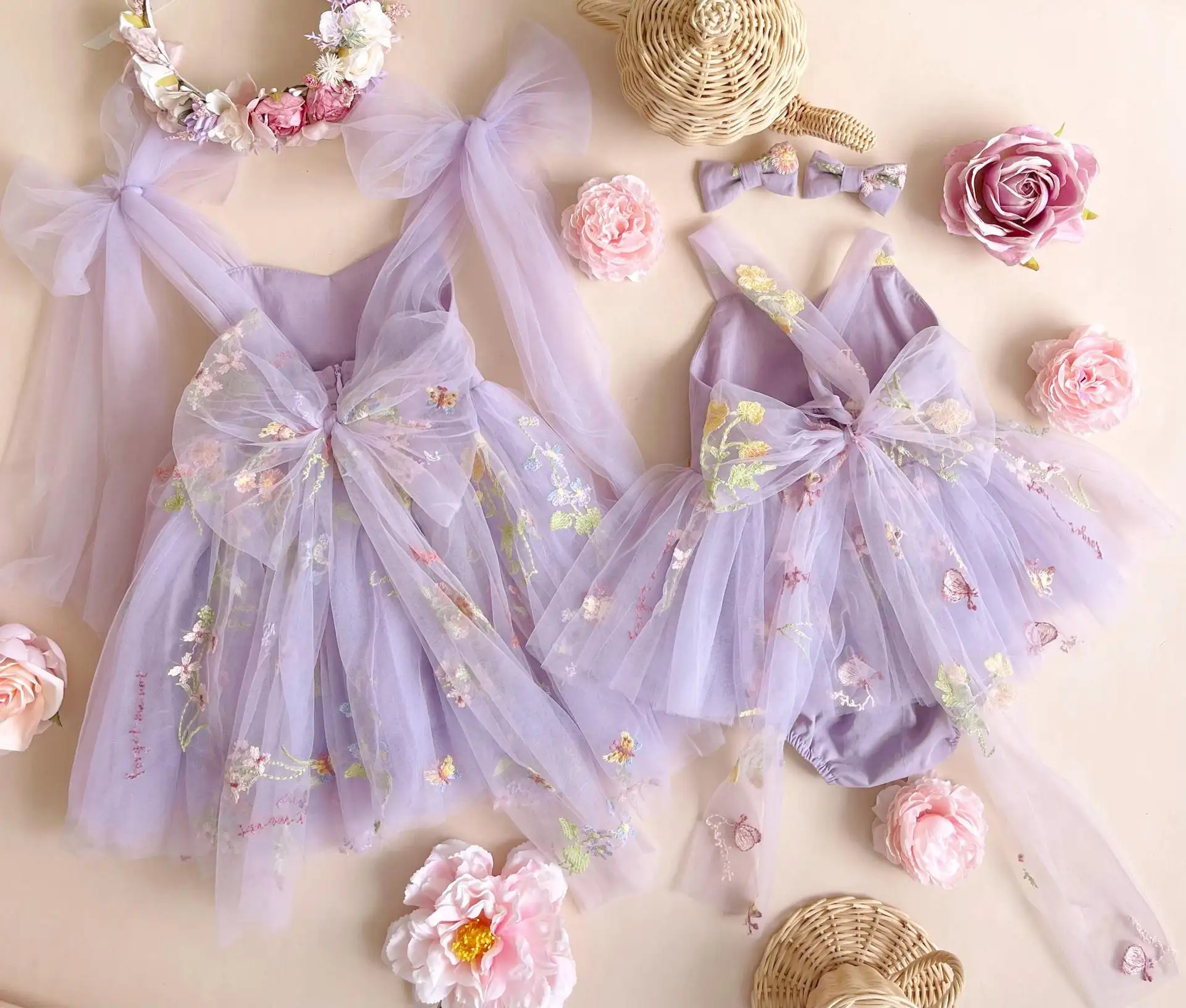 2023 New summer custom floral embroidered tulle kids party wear sweet girl romper dress tutu dresses