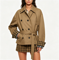 Manteau Trench Court Populaire pour Femme, Coupe-Vent Uni à Double Boutonnage avec Ceinture, Ample, pour Voyage et Quotidien, Vêtement d'Extérieur OEM