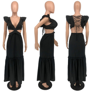 เดรสลำลองเปิดหลังมีระบายเปิดหลังสายรัดสีทึบแฟชั่นใหม่ออกแบบได้ตามต้องการสำหรับวันหยุด - Product Image 6