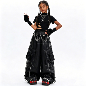 Conjuntos de Ropa Hip Hop Personalizables para <span class=keywords><strong>Niñas</strong></span>, Top Corto Desgastado, Pantalones Cargo de Piel Sintética, Ropa de Baile para Niños - Product Image 3