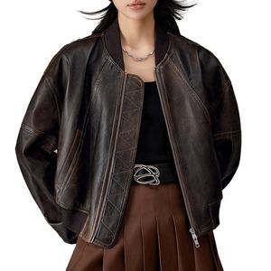 سترة نسائية مخططة خضراء كلاسيكية سترة من الجلد الأصلي المضغوط للنساء - Product Image 1