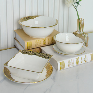 Gold Edged Ceramic Tableware Home Western Food Plate Steak Fruit Salad Bowl Luxury <b>Dinnerware</b> <b>Set</b> Wedding Restaurant Dishes - Product Image 3