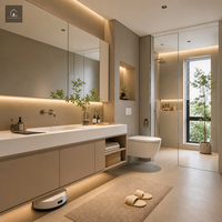 Set Meja Rias Kamar Mandi Modern XINGRUO dengan Wastafel Ganda, Warna Greige, Terpasang di Dinding dengan Kabinet Cermin LED