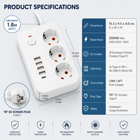 Prise d'extension sur mesure avec fiche UE, 3 prises, 4 ports USB-A + 1 port USB-C, adaptateur 220V/110V, câble de 2m, 10A, en cuivre/laiton, durable, PP/ABS