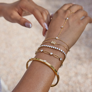 J & D estilo clásico 18K oro Acero inoxidable redondo blanco Zirconia tenis cadena pulseras brazalete conjunto - Product Image 3
