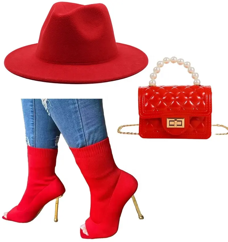 M20022 femmes mode sac à main coloré sac et chaussures fedora chapeau ensemble femmes talons hauts sandale bottes fedora correspondant ensemble