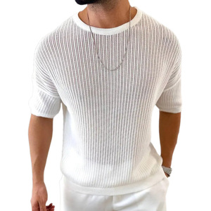T-shirt en tricot pour homme, blanc uni, manches courtes, col rond, haut décontracté, vêtements pour jeunes - Product Image 5
