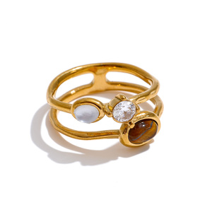 JINYOU 6198 Fashion Cube Zirconin <strong>Tiger</strong> <strong>Eye</strong> Natural Stone <strong>Ring</strong> Stainless Steel Double Layer Hollow <strong>Ring</strong> for Women - Product Image 1