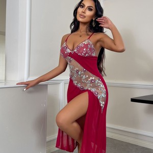 <span class=keywords><strong>Camicia</strong></span> <span class=keywords><strong>da</strong></span> <span class=keywords><strong>Notte</strong></span> Sexy con Ricami Floreali, Sottoveste in Rete con Apertura Laterale Irregolare, Eleganza Romantica in Pizzo Elastico per l'Estate - Product Image 2