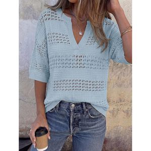 Tops de ganchillo para mujer, cuello en V, suéter holgado de manga corta, para verano y playa - Product Image 3