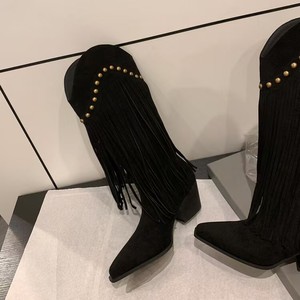 Women's <strong>Brown</strong> Fur Fringe Cowboy <strong>Boots</strong> Gold Rivets Pointed Toe Block <strong>Heel</strong> Western Style Height Increasing Knee-<strong>high</strong> Fashion <strong>Boots</strong> - Product Image 5