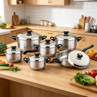 Ensemble de 12 ustensiles de cuisine en acier inoxydable avec revêtement antiadhésif, compatible induction et gaz, comprenant une poêle, des casseroles et des marmites à soupe