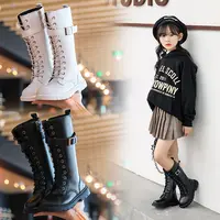 Children's Black and White Leather High Boot Shoes