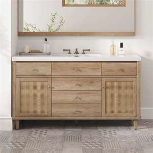 Mueble de Baño de 60 Pulgadas con Lavabo SMC, Moderno Gabinete de Almacenamiento Grande con Cajones de Cierre Suave y Puertas de Ratán - Product Image 1