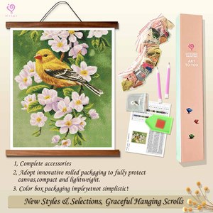 Kit de Peinture Diamant Oiseau Jaune avec Fleurs, Perles Rondes, Kit d'Art DIY, Décoration Pastorale Encadrée Rectangulaire en Strass de Cristal - Product Image 4