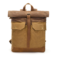 Sac à dos de voyage à enroulement pour homme, en toile cirée vintage avec finitions en cuir, grande capacité, sac à dos pour ordinateur portable