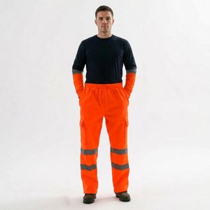 High Visibility Orange Polyester Cotton Unisex <b>Work</b> <b>Pants</b> Reflective Stripes <b>Cargo</b> Pockets Elastic Waistband Safety Protective - Product Image 1