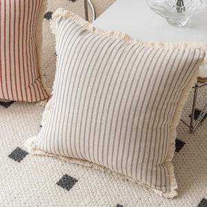 Cotton Linen Striped <b>Throw</b> Pillows Square With Tassel Edges Decorative <b>Sofa</b> Cushions <b>For</b> Home Living Room Bedroom - Product Image 4